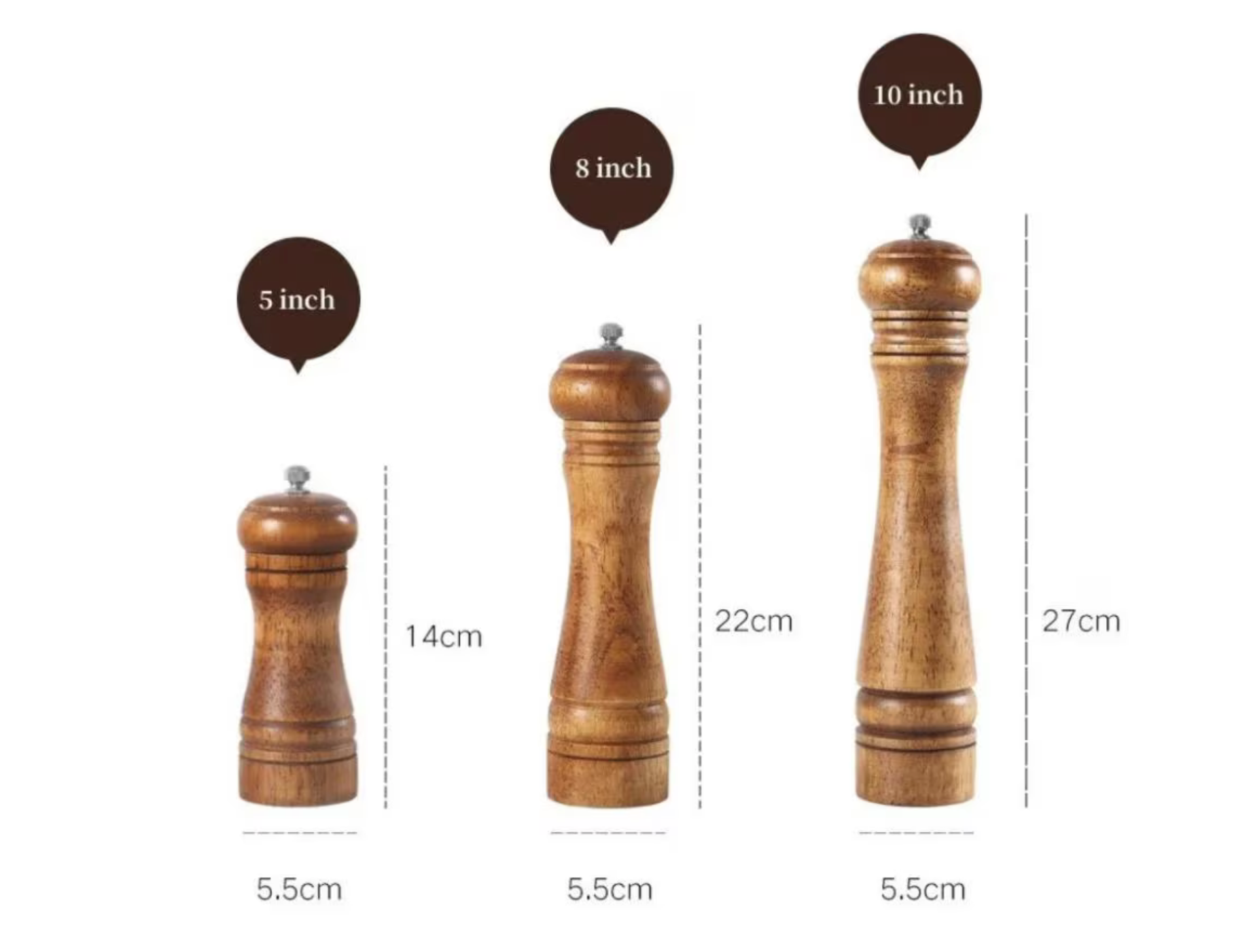 Set of 8-inch and 10-inch oak wooden salt and pepper mills on a marble background with scattered peppercorns. Rustic kitchenware displayed next to a pasta dish and a checkered napkin, perfect for gourmet cooking and home chefs. High-quality wooden spice grinders for fresh seasoning, adding elegance to kitchen decor and dining tables. Durable, stylish, and functional peppermill set, ideal for kitchens, restaurants, and food enthusiasts who love freshly ground spices.