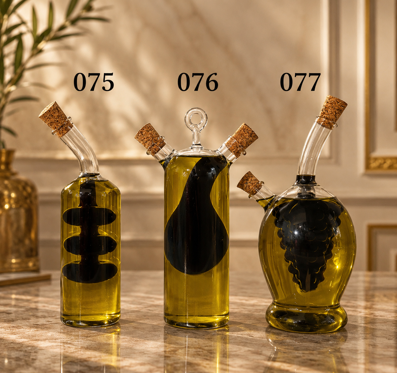 Three glass bottles with cork stoppers containing a dark liquid on a reflective surface.