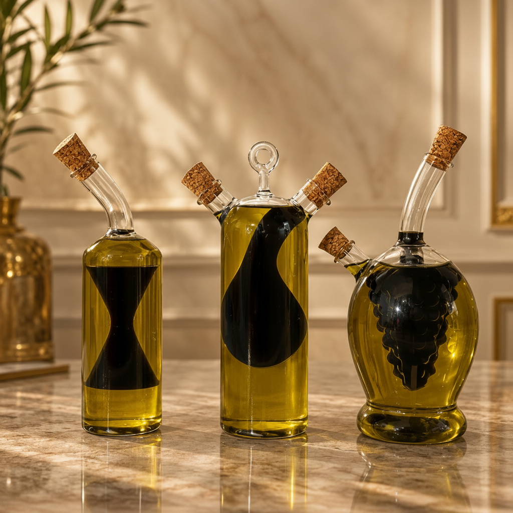 Three glass bottles with cork stoppers containing a dark liquid on a reflective surface.