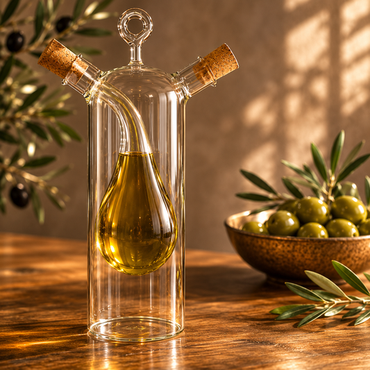 Glass oil dispenser with olive oil next to a bowl of olives on a wooden surface