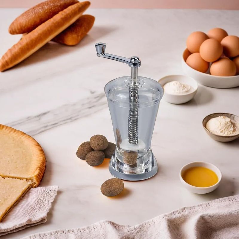 Clear pepper grinder on a table with ingredients like eggs, flour, and bread.
