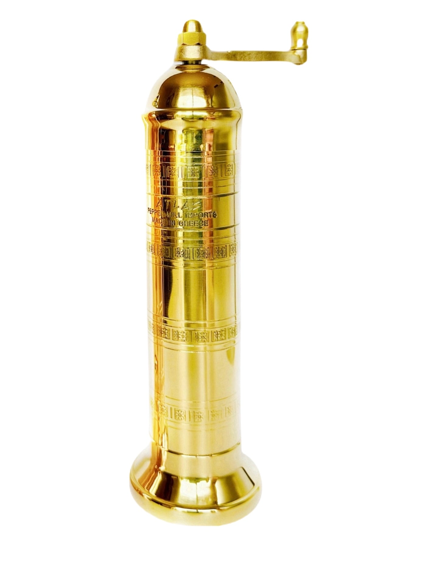 Gold pepper grinder on a white background