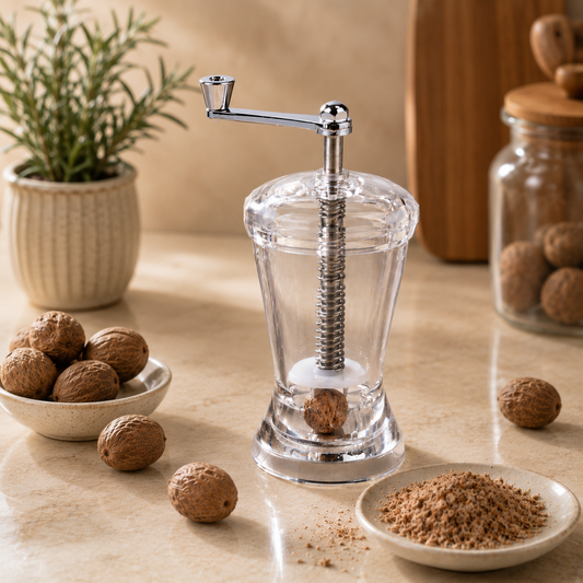 Clear pepper grinder with ground pepper on a wooden surface, surrounded by walnuts and a plant.