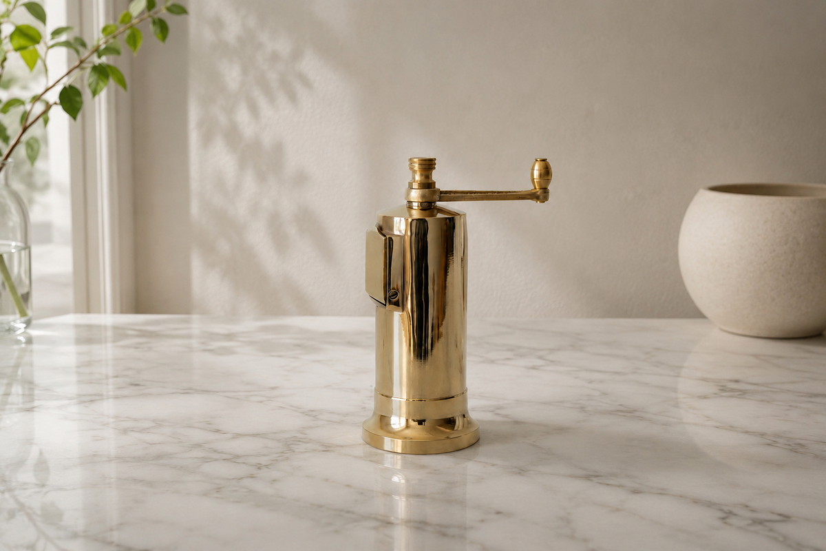 Gold pepper grinder on a marble surface with a neutral background