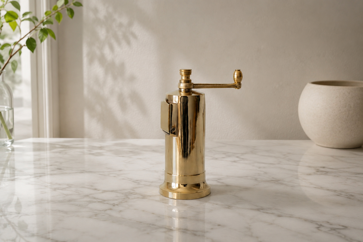 Gold pepper grinder on a marble surface with a neutral background