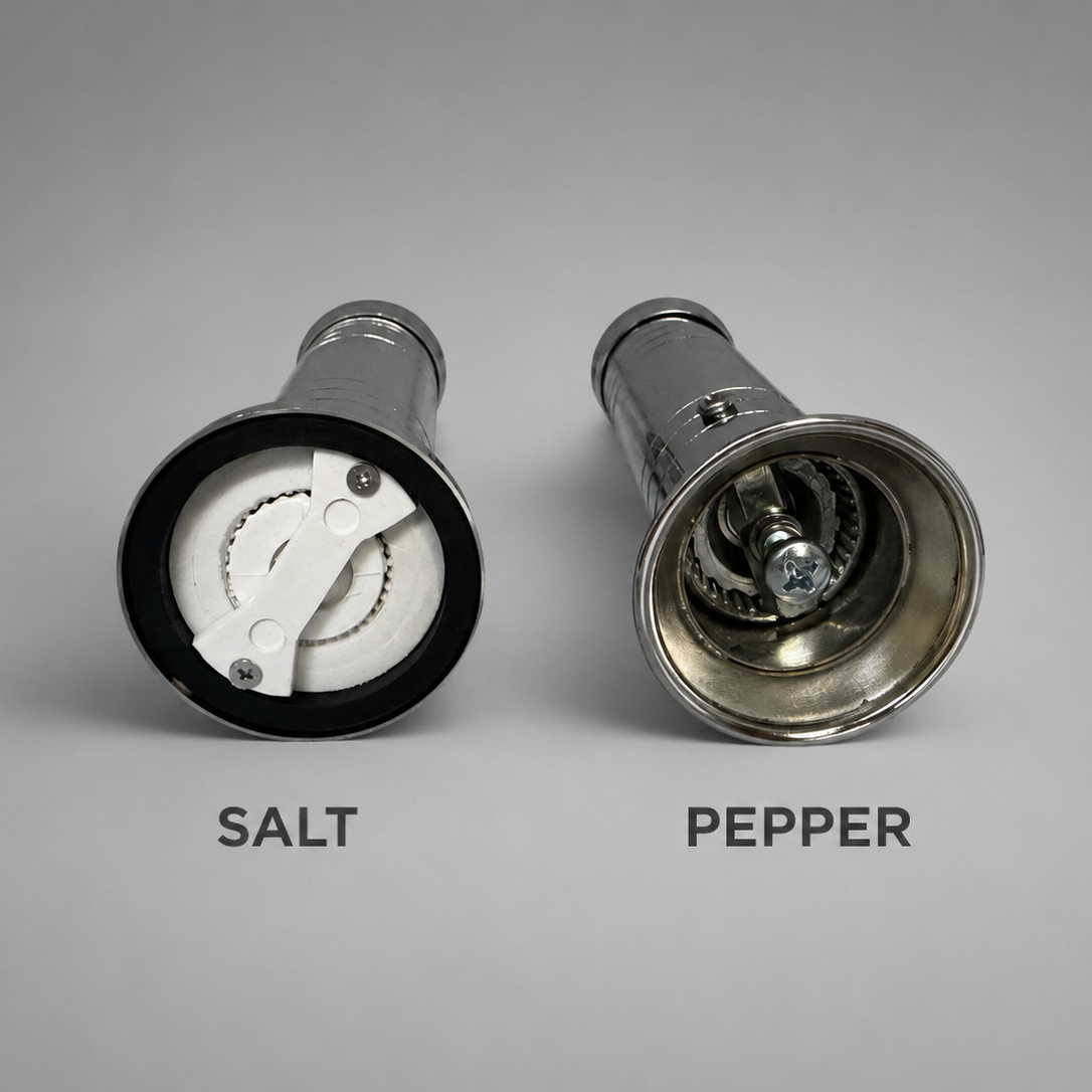 Two pepper grinders labeled 'Salt' and 'Pepper' on a gray background