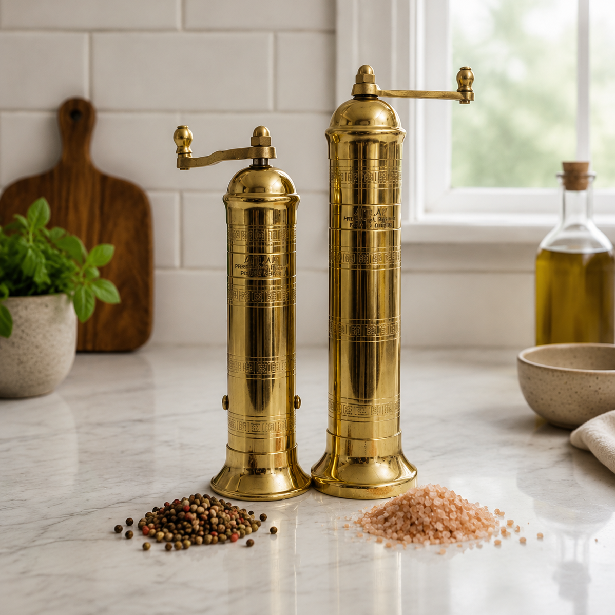 Two brass pepper mills on a kitchen counter with spices around.
