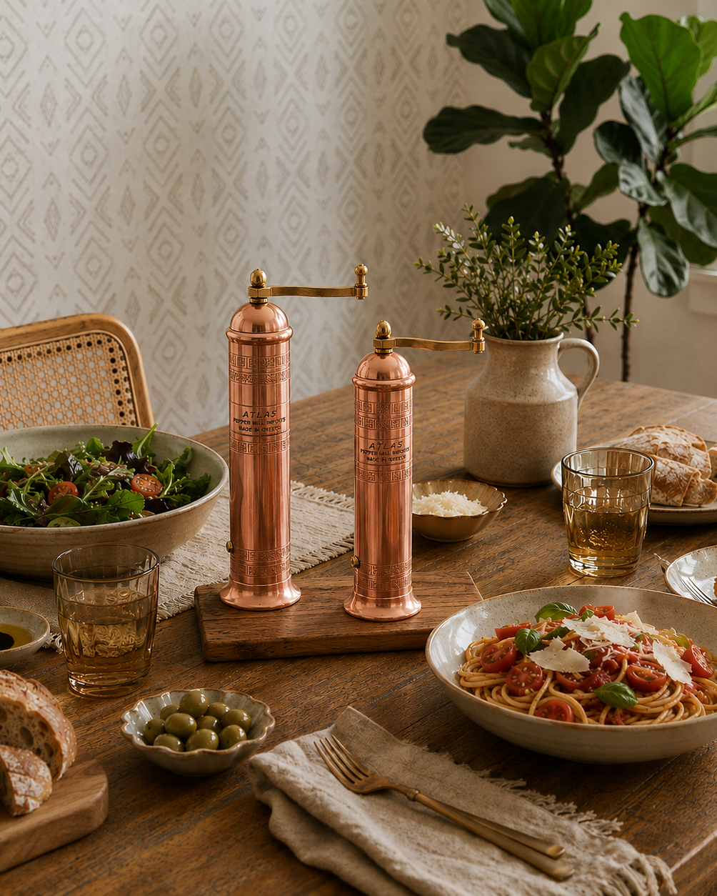 Two copper manual hand grinders with brass handles and knobs are displayed on a wooden board on a rustic dining table, surrounded by a full spread of food including pasta, salad, bread, and glasses.
