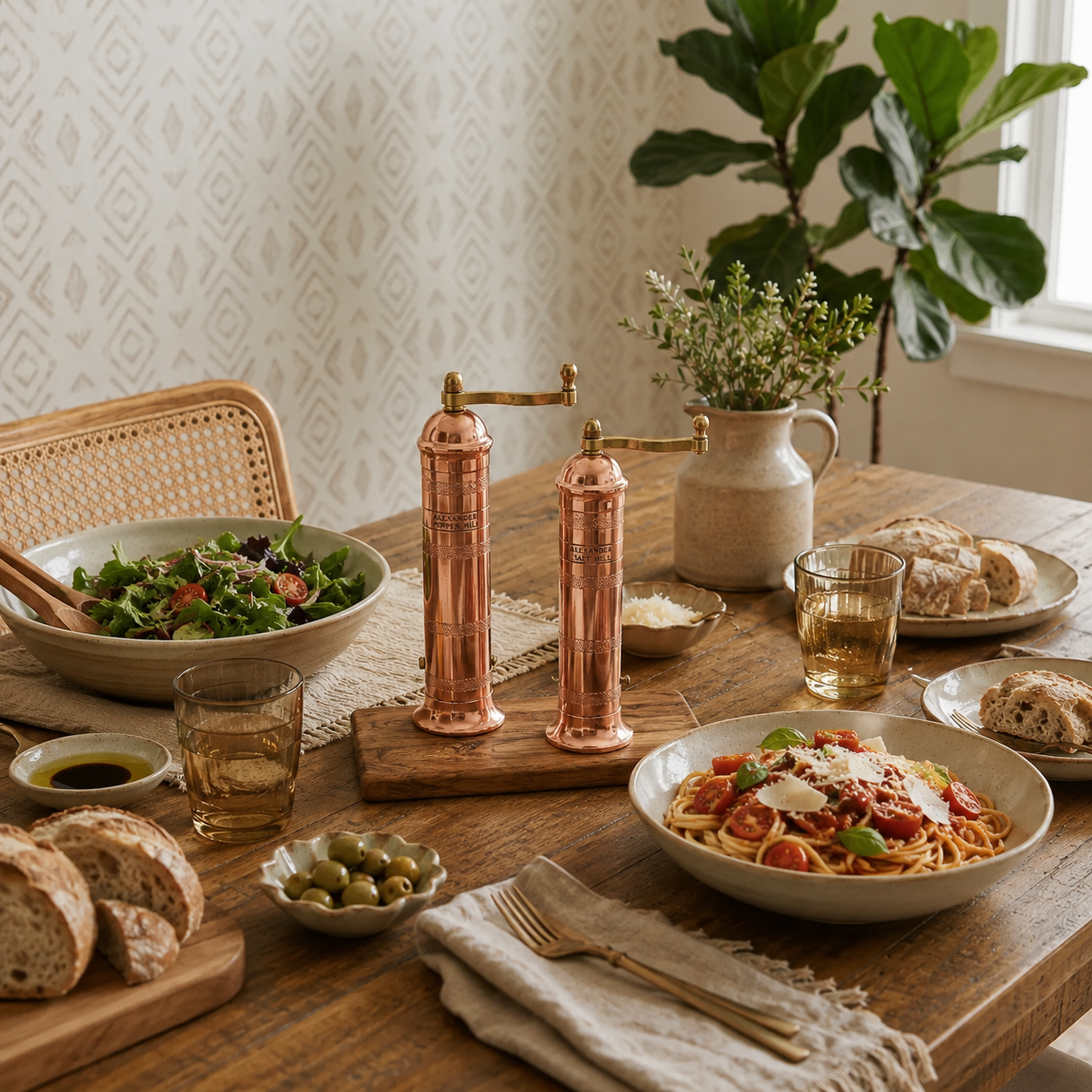 Dining table set with pasta, salad, bread, and copper salt and pepper shakers.