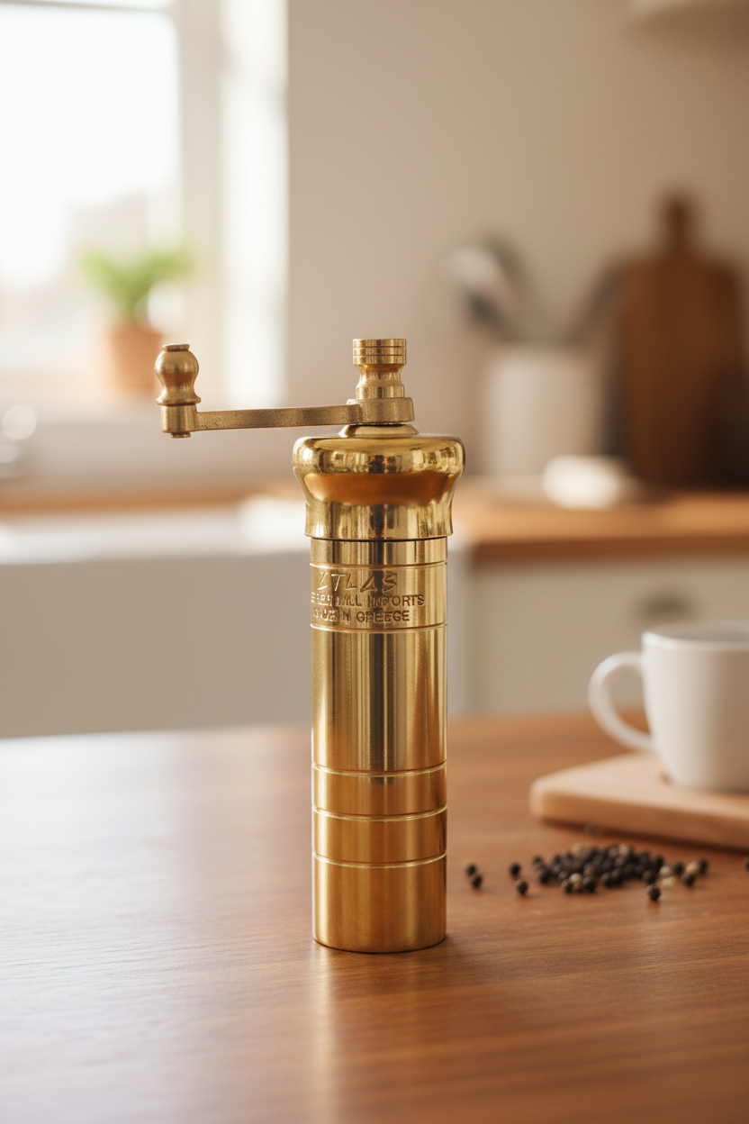 Gold pepper grinder on a white background