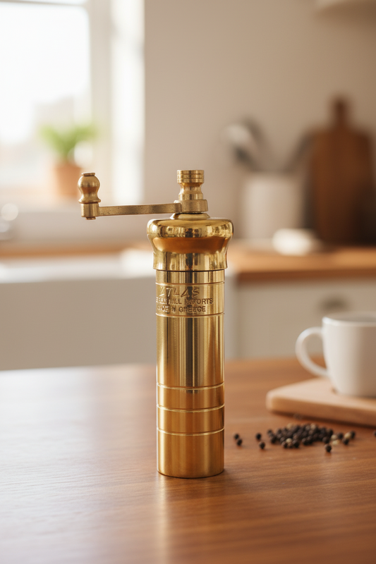 Gold pepper grinder on a white background