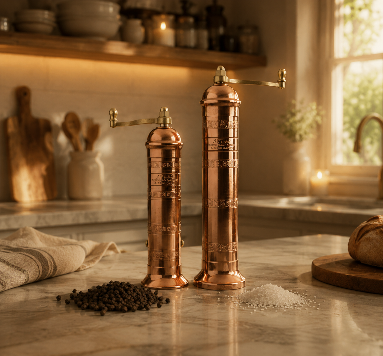 Two copper pepper mills on a kitchen counter with salt and pepper.
