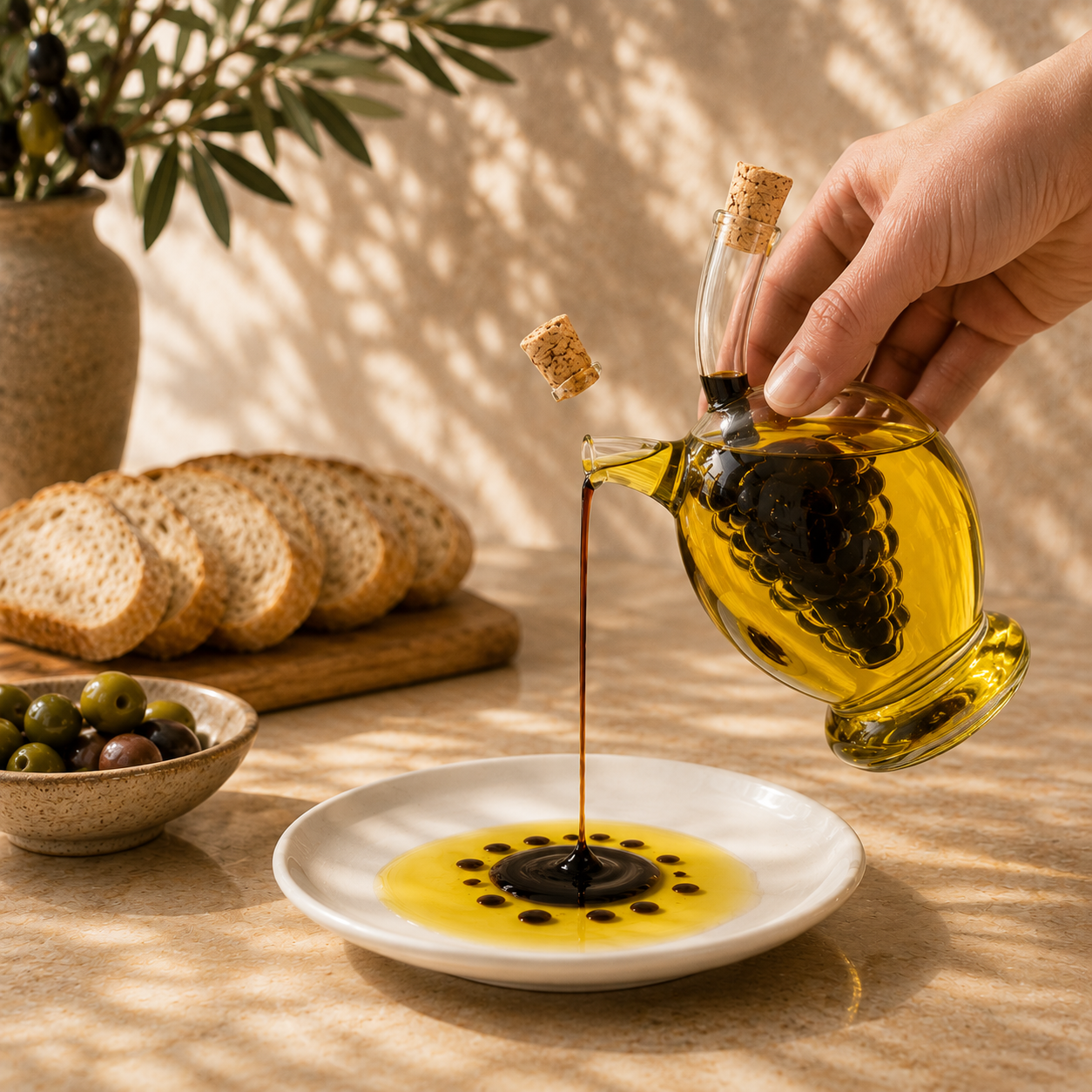 Hand pouring olive oil from a bottle onto a plate with bread and olives in the background.