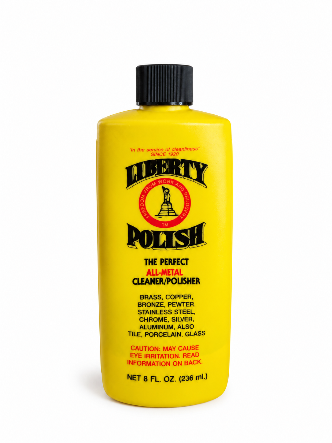 A bright yellow bottle of Liberty Polish with a black cap, shown on a plain white background. The front label features the brand name 'Liberty Polish' in bold black letters with a red and gold emblem.