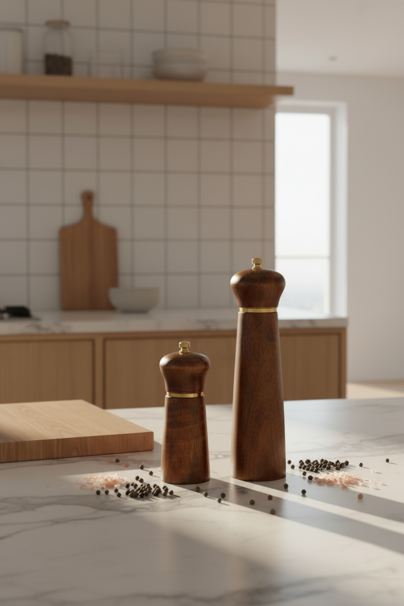 Wooden pepper mill and grinder on a wooden cutting board with ingredients in the background.