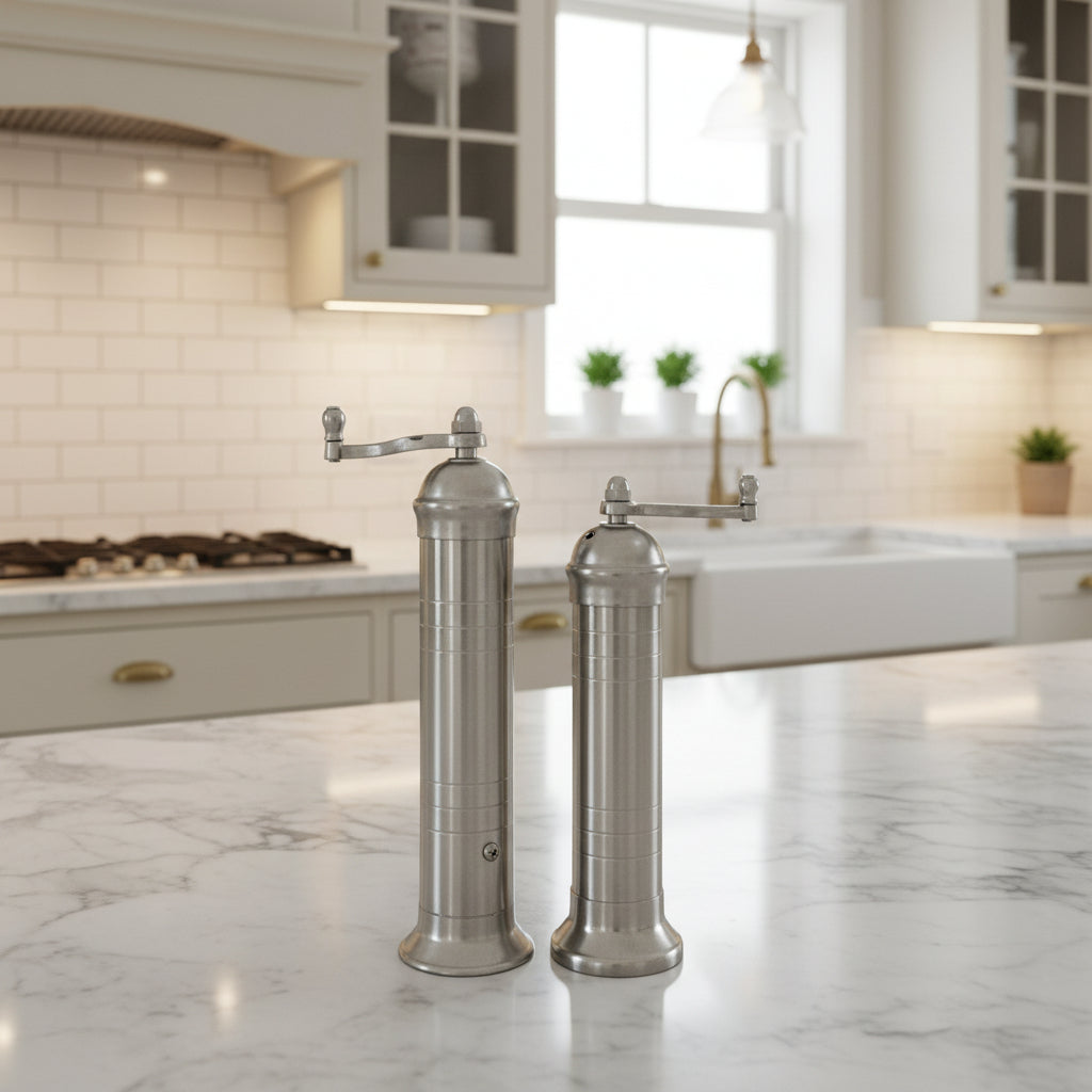 Two stainless steel pepper grinders on a white background