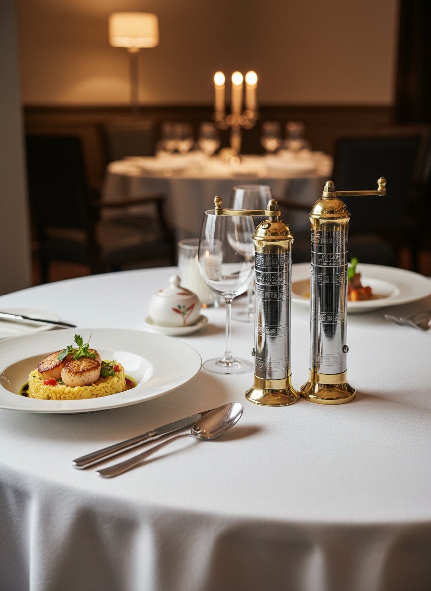 chrome-brass pepper/salt mills on a dinning tabe