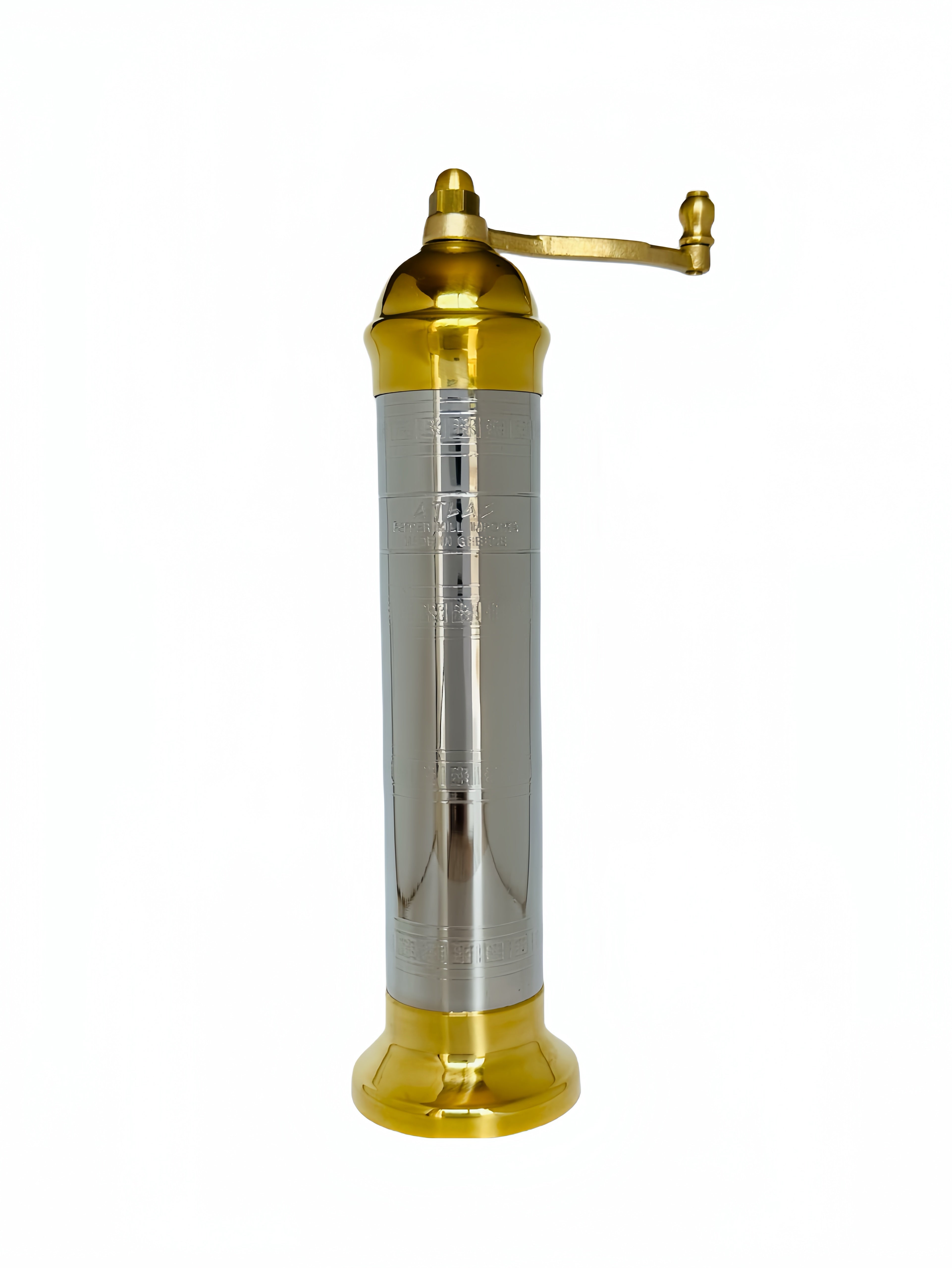 Gold and silver pepper grinder on a white background