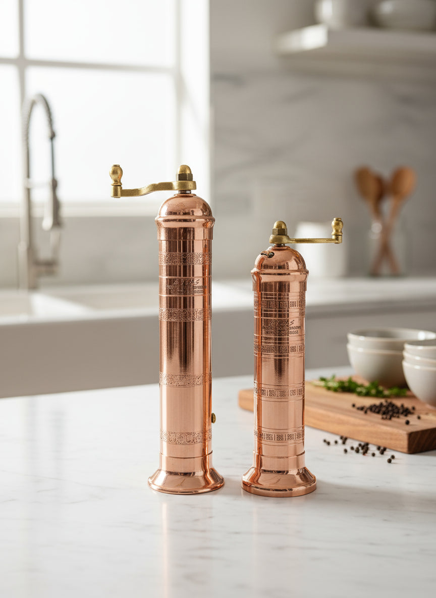 Copper pepper and salt mill set y=in your kitchen
