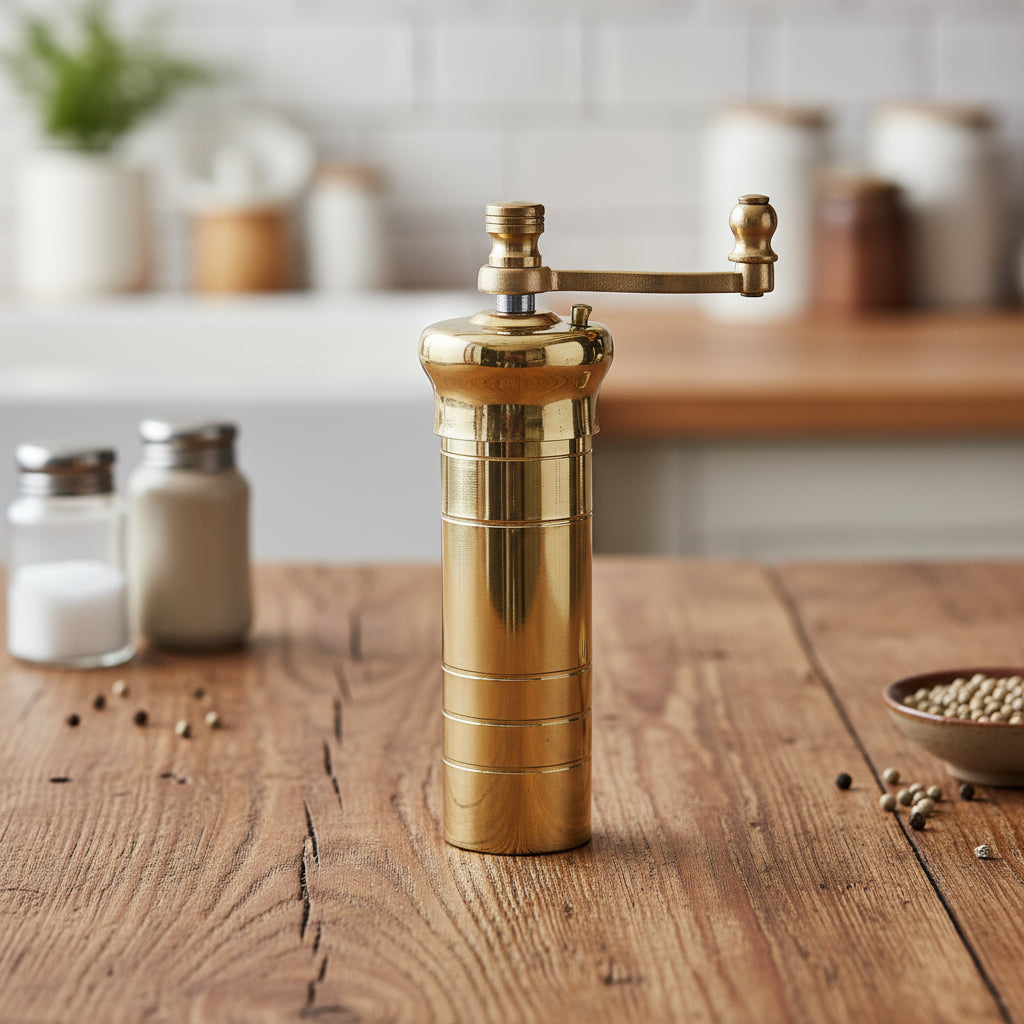Brass pepper grinder on a white background