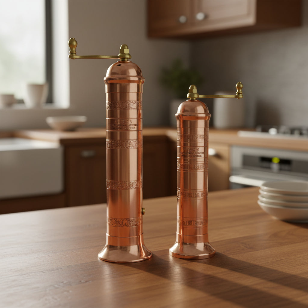 Two copper pepper mills on a white background