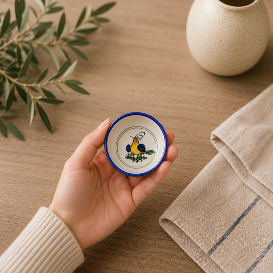 Hand holding a small decorative bowl with a blue rim on a wooden surface.