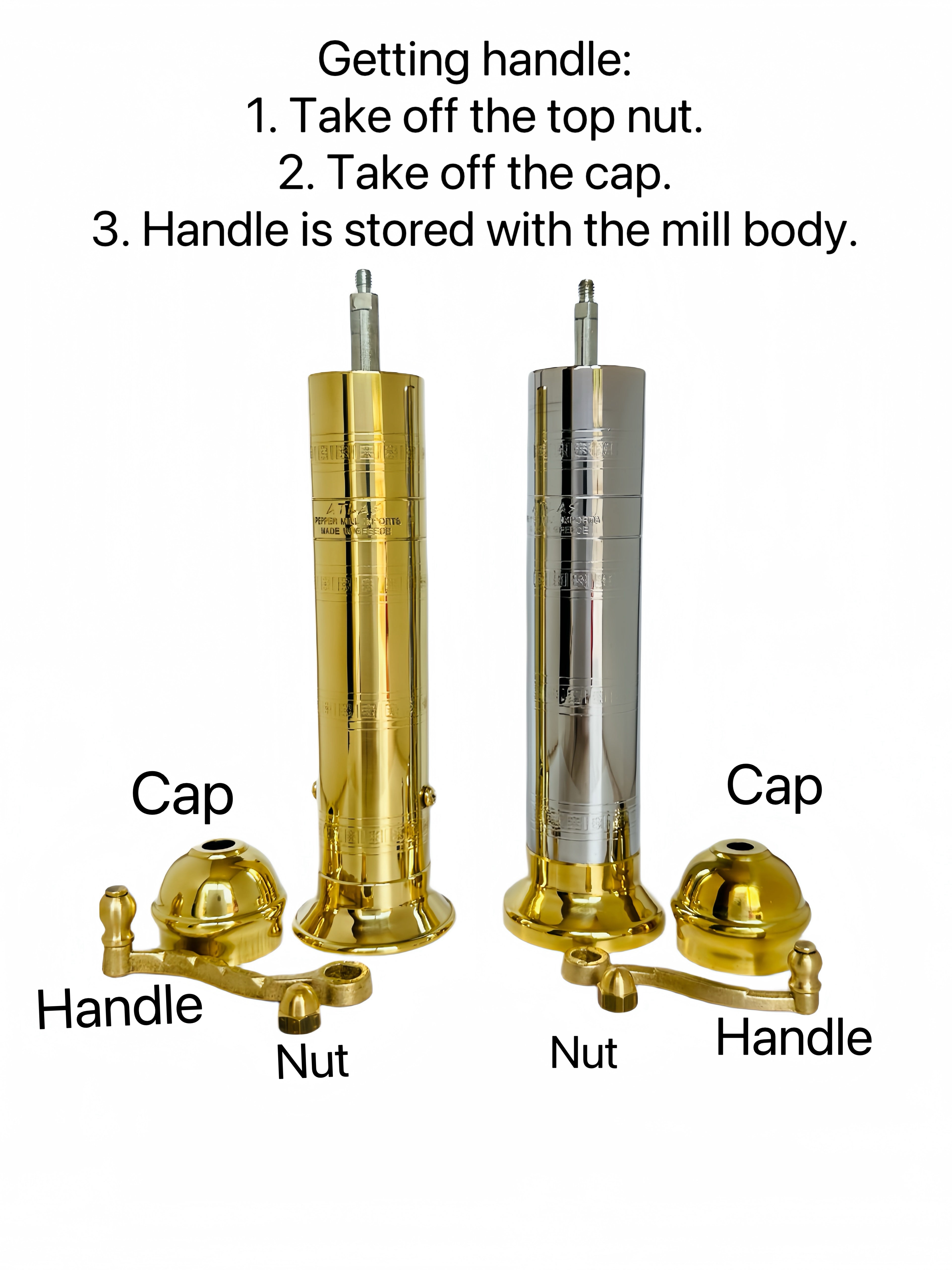 Instructions for removing a top nut and cap from a cylindrical metal component with gold and silver finishes.