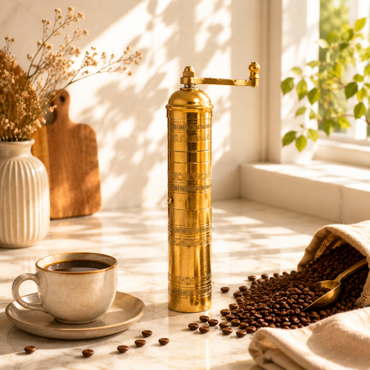 Gold manual coffee grinder with a cup of coffee and scattered beans on a light surface.