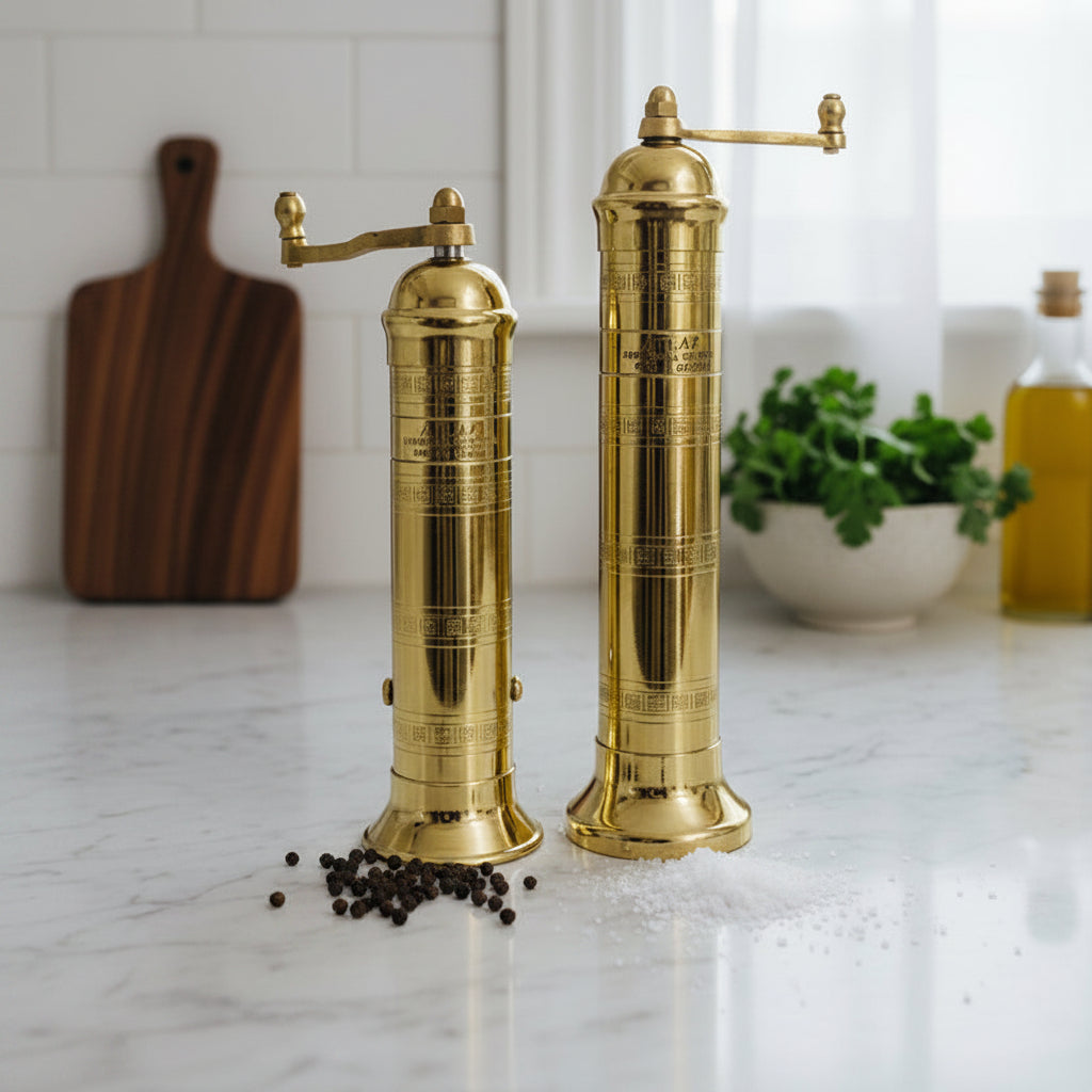 Two brass pepper mills on a white background