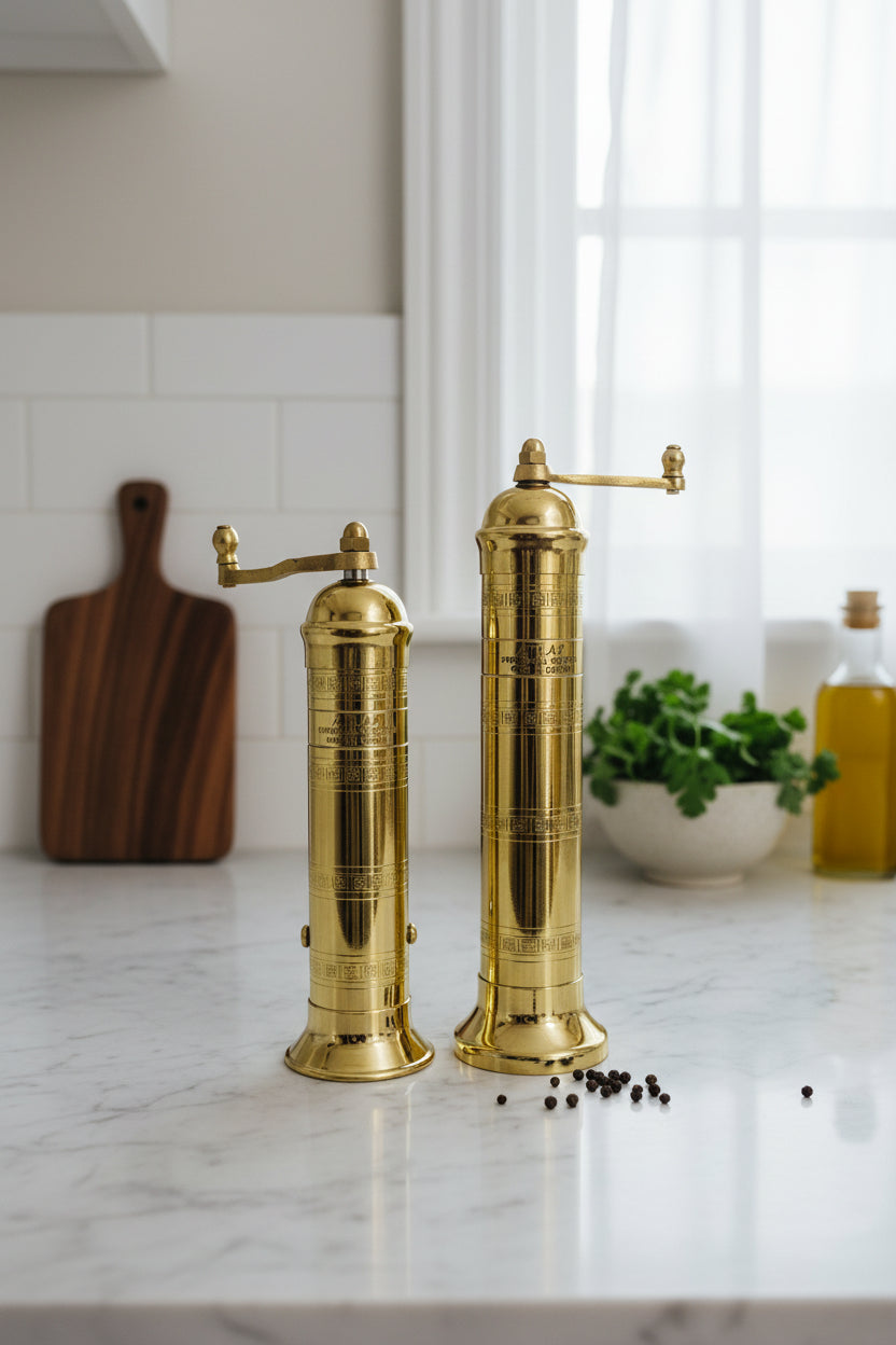 Two brass pepper mills on a white background