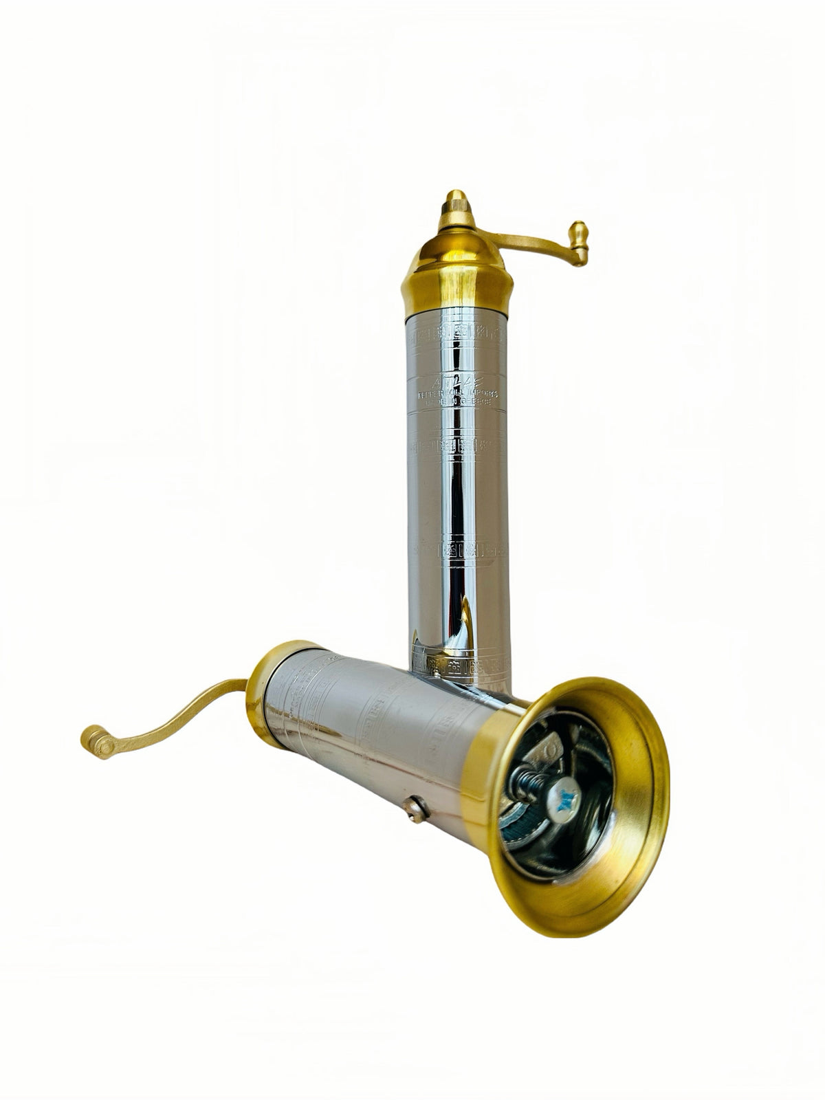 Vintage-style metal and brass cylindrical device on a white background