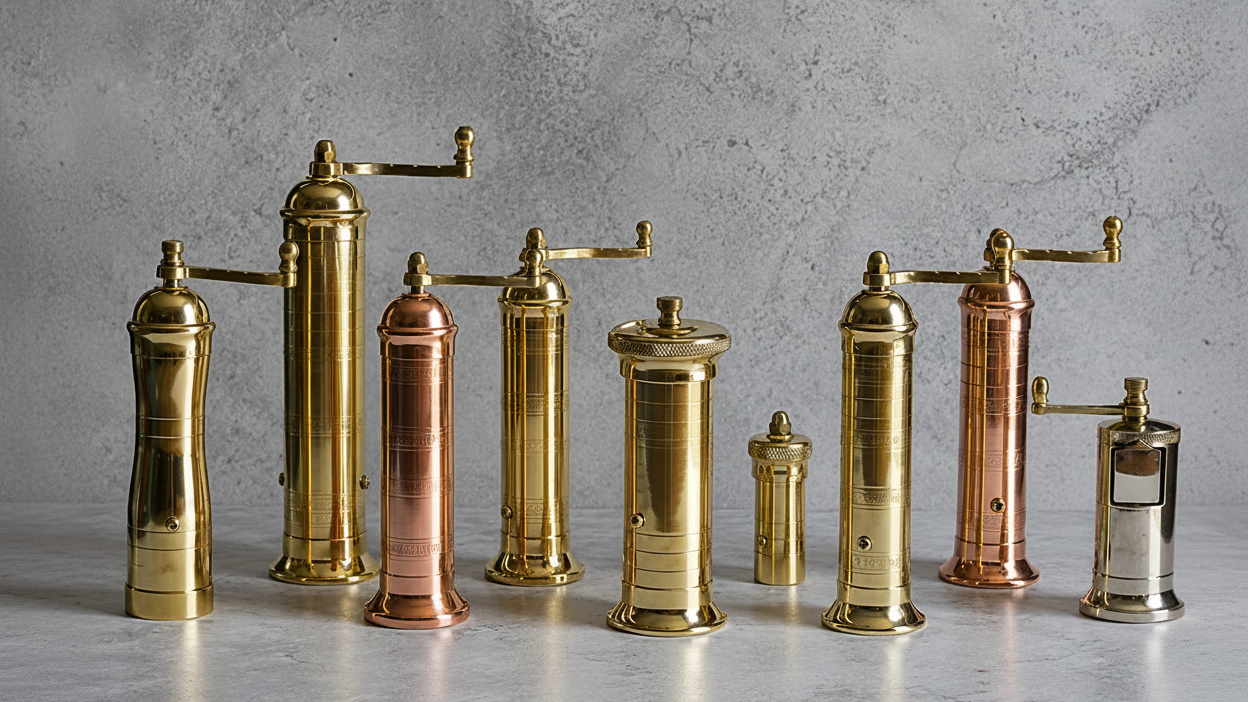A set of vintage-style brass and copper pepper mills and grinders arranged on a light gray stone surface against a textured gray wall.