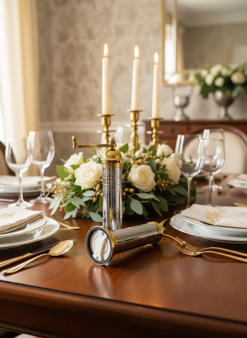chrome-brass pepper/salt grinders on a white background